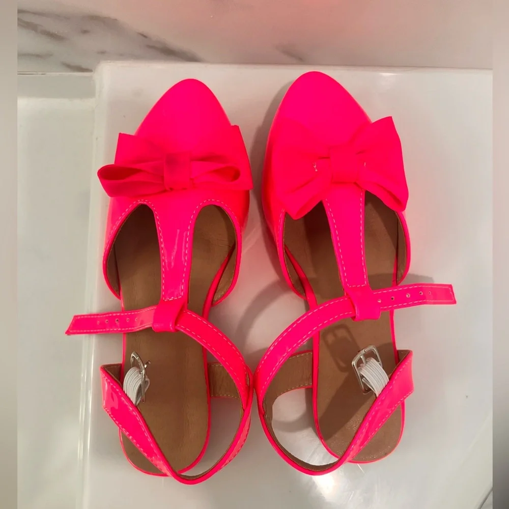 Little Girls HOT PINK Bow Decor Point Toe Ankle Strap Party Shoes Size US 1